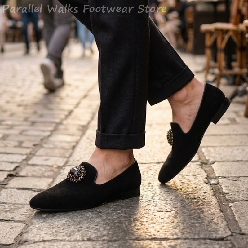 Men Shoes Formal - Men Suede Loafers Rhinestone Crystal Ornament